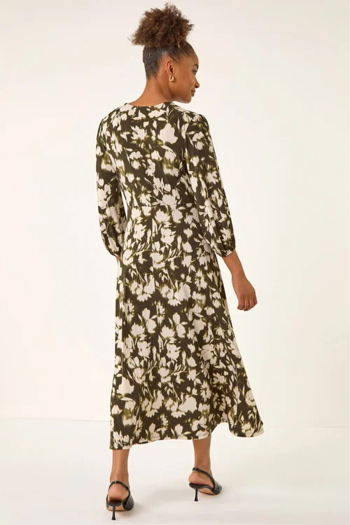 Roman Khaki Abstract Floral Midi Dress - 18 Image 3