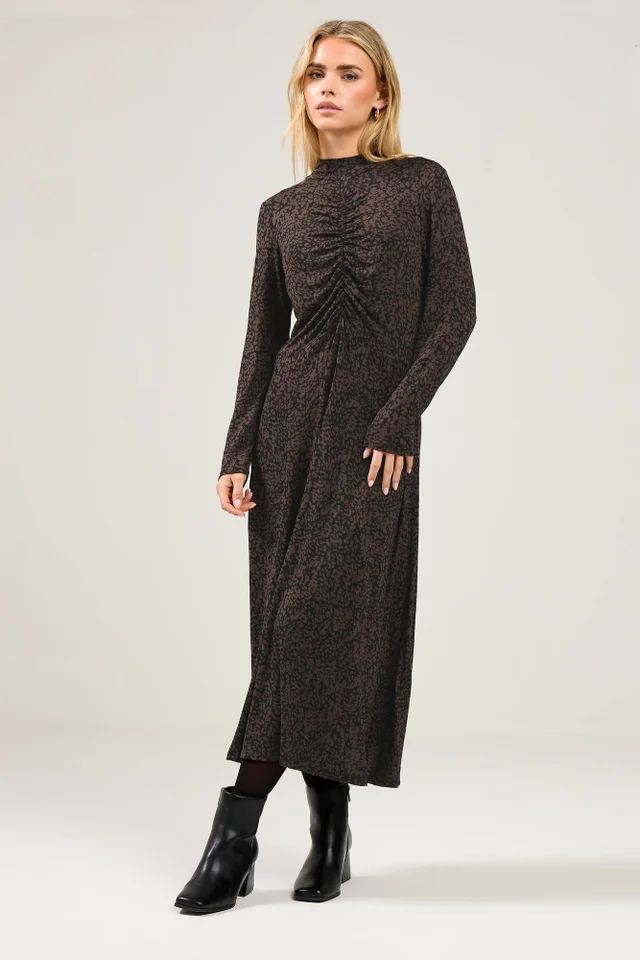 M&Co Petite Brown Ruched Front Turtle Neck Dress