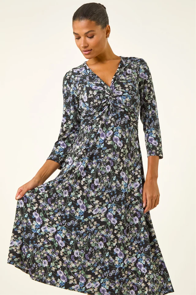 Roman Purple Floral Twisted Front Stretch Midi Dress