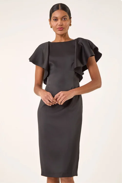 Roman Black Satin Ruffle Sleeve Dress - Size 20 Image 1