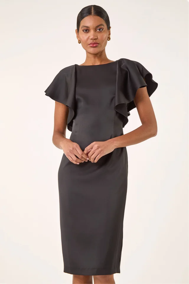 Roman Black Satin Ruffle Sleeve Dress