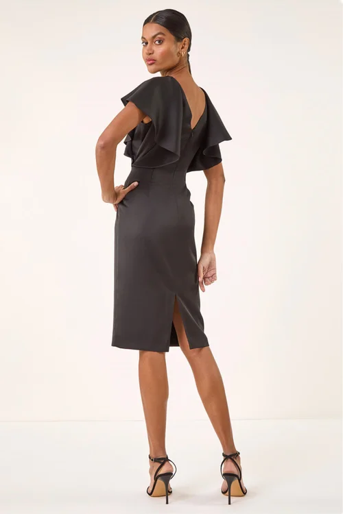 Roman Black Satin Ruffle Sleeve Dress - Size 20 Image 3