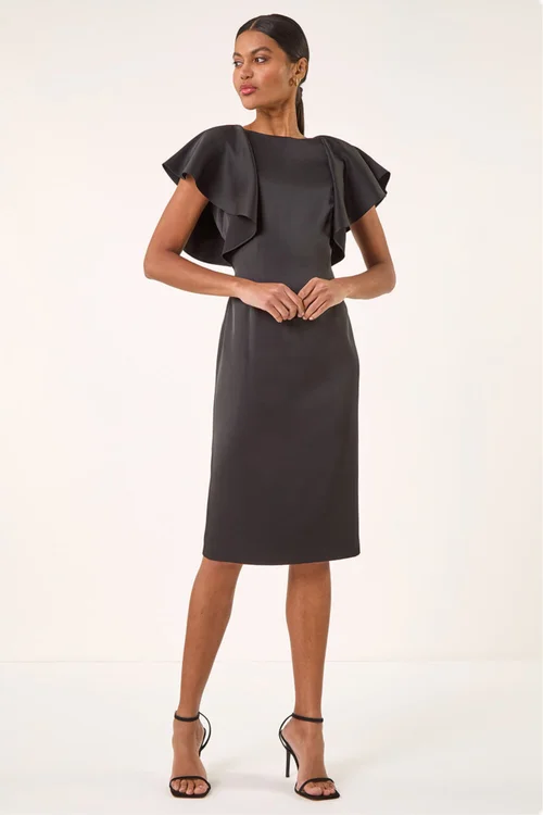 Roman Black Satin Ruffle Sleeve Dress - Size 20 Image 2