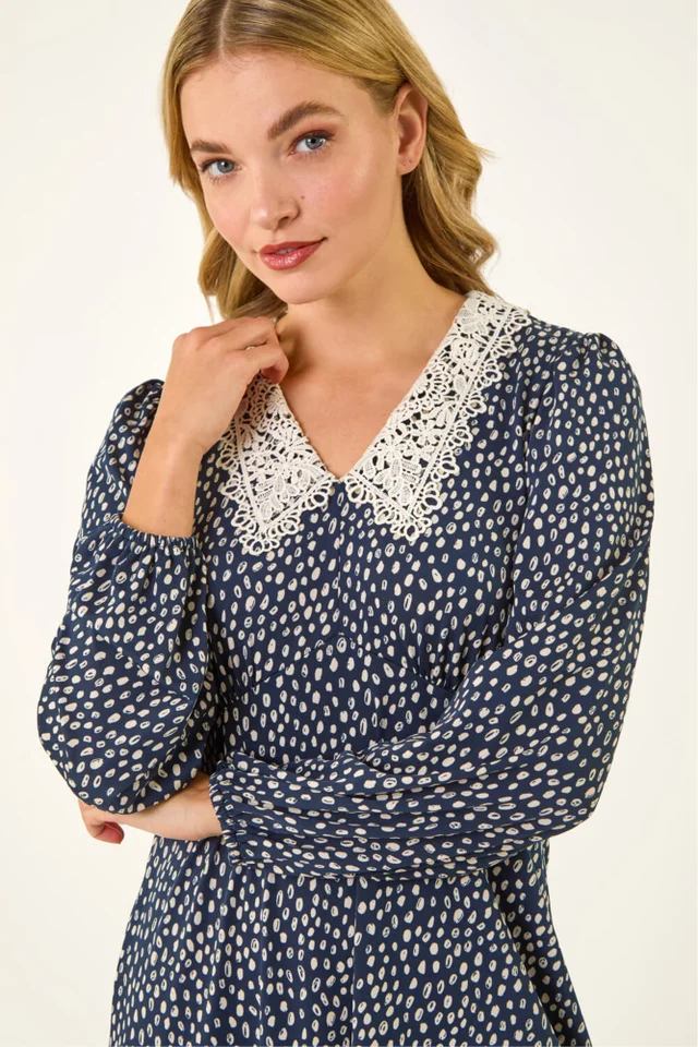 Dusk Navy Lace Collar Spot Print Dress