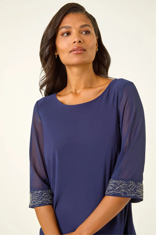 Roman Midnight Blue Embellished Cuff Chiffon Top