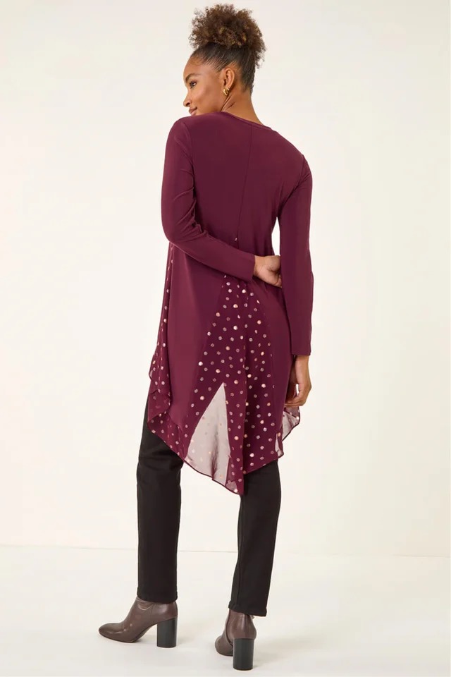 Roman Burgundy Foil Spot Print Chiffon Hem Top