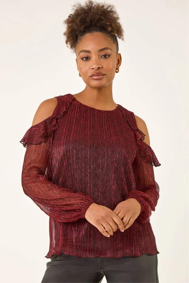 Roman Red Shimmer Plisse Cold Shoulder Top