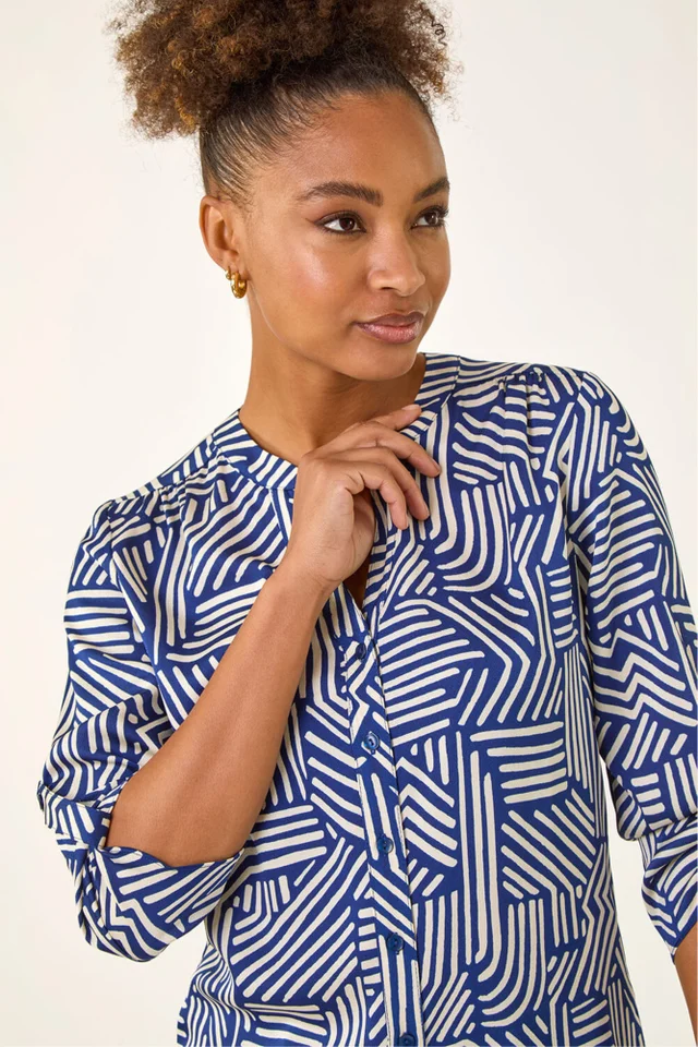 Roman Navy Geo Mono Print Buttoned Blouse