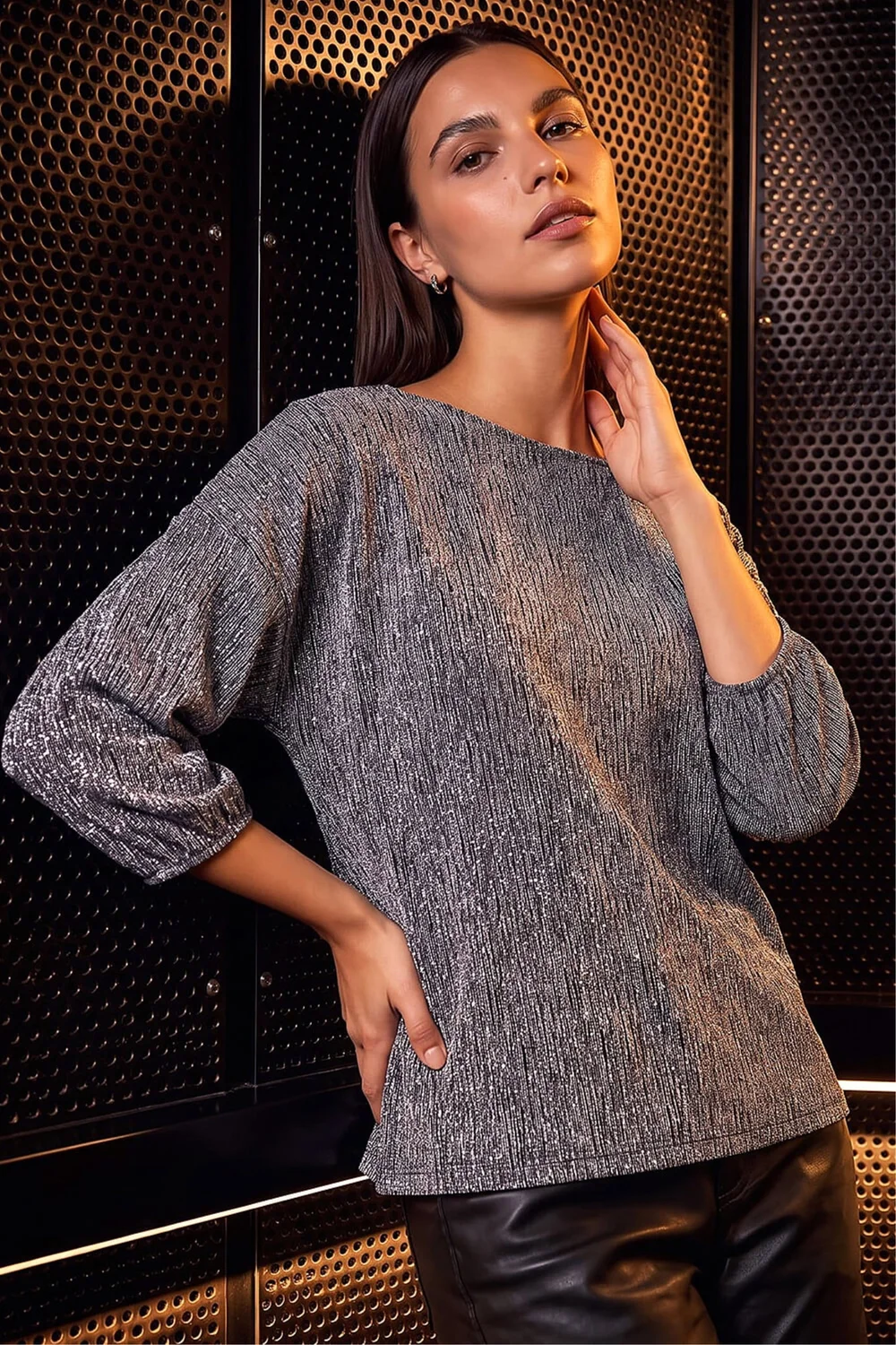 Roman Silver Metallic Textured Stretch Top - 16 Image 1