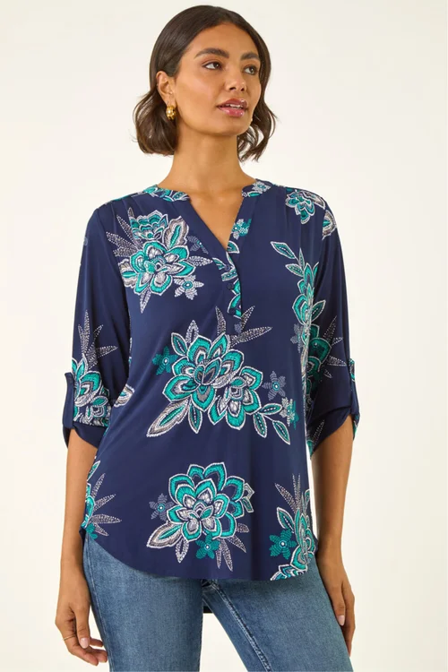 Roman Turquoise Floral Puff Print Stretch Shirt - Size 16 Image 1
