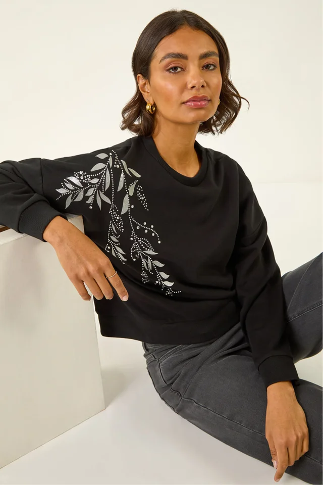 Roman Black Placement Print Jersey Stretch Top