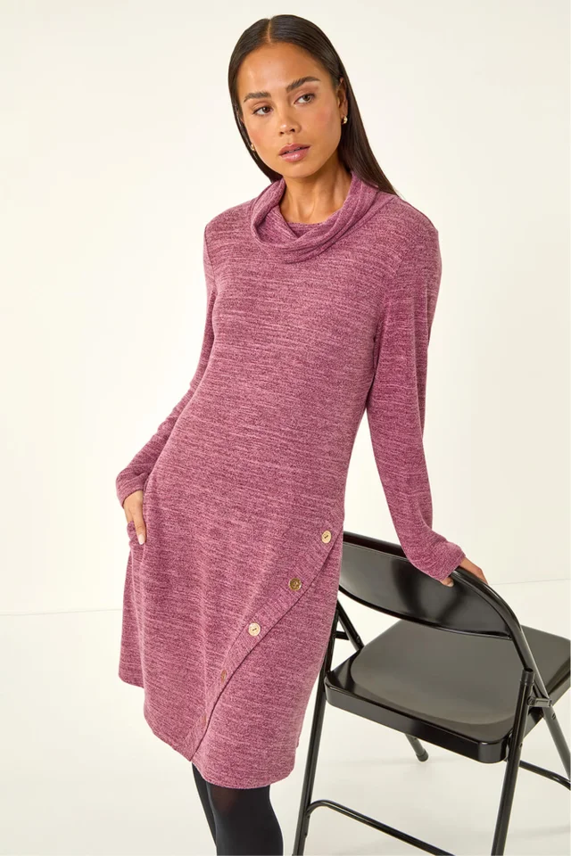 Roman Wine Petite Soft Marl Buttoned Cowl Neck Dress
