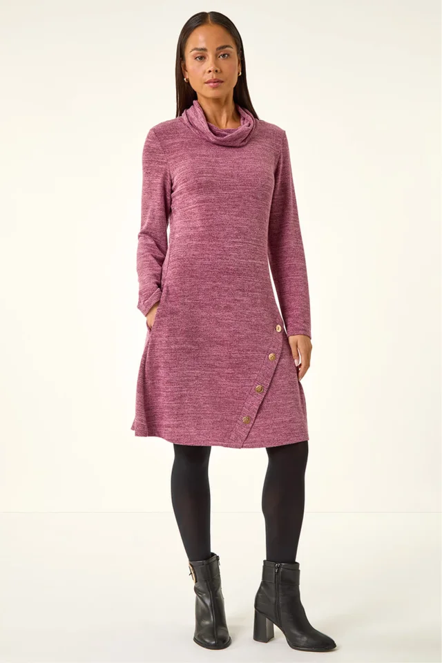 Roman Wine Petite Soft Marl Buttoned Cowl Neck Dress
