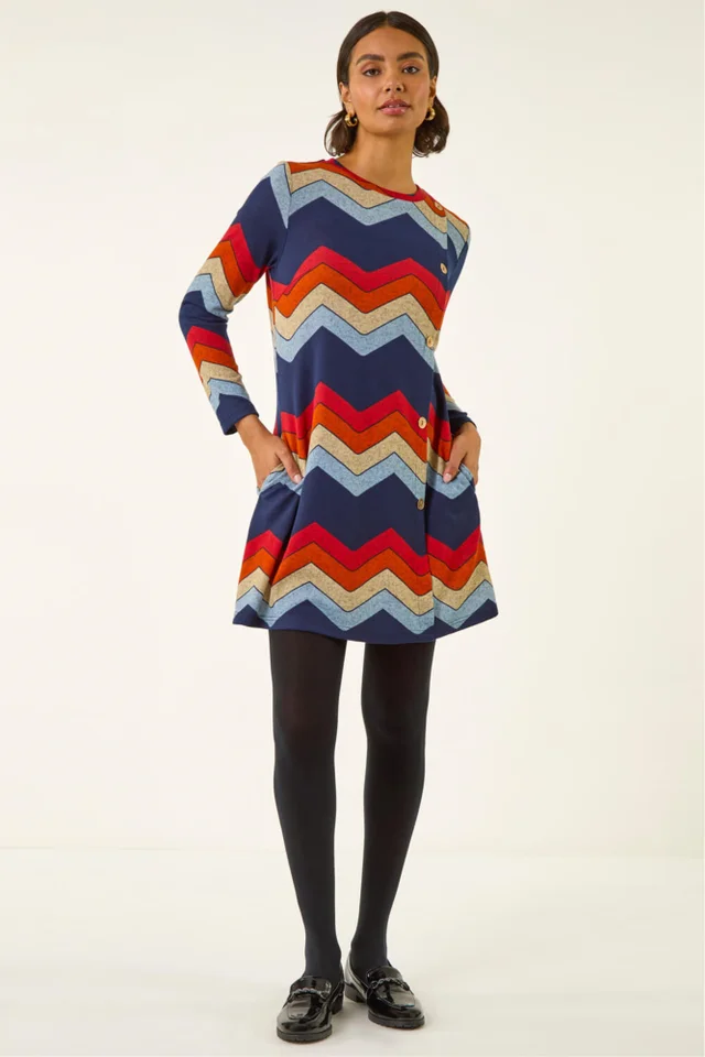 Roman Orange Zig Zag Side Button Dress