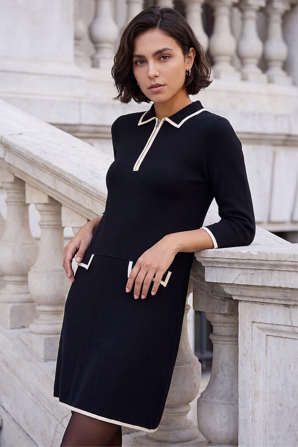 Roman Black Contrast Zip Collared Knit Dress - 16 Image 2