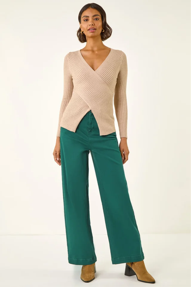Roman Stone Ribbed Wrap Front Knit Top