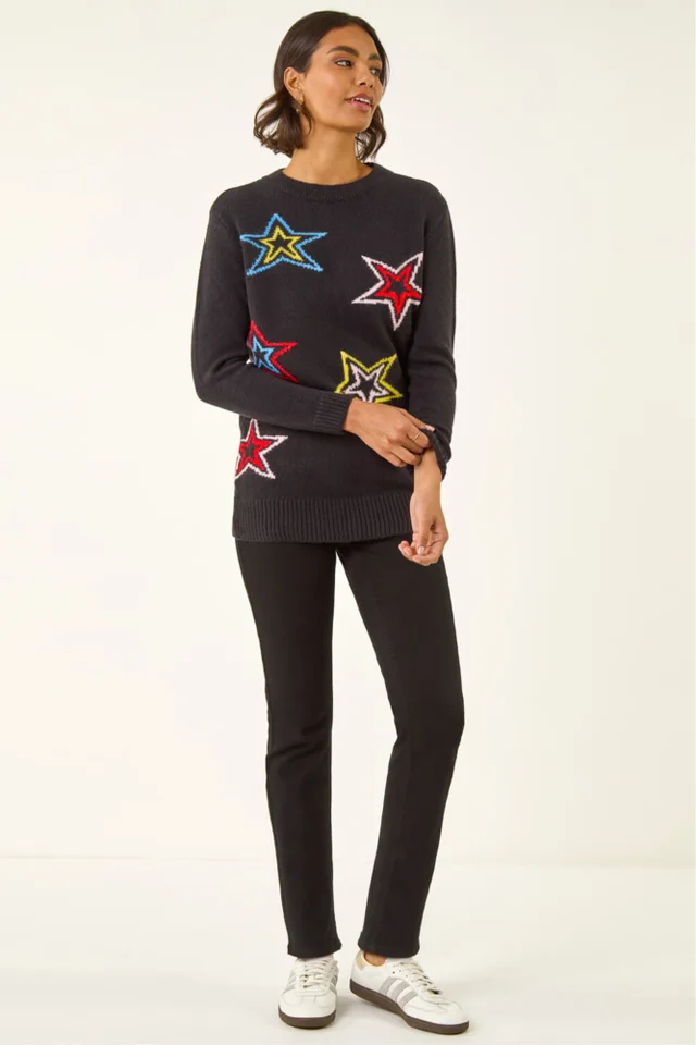Roman Black Star Crew Neck Knit Jumper