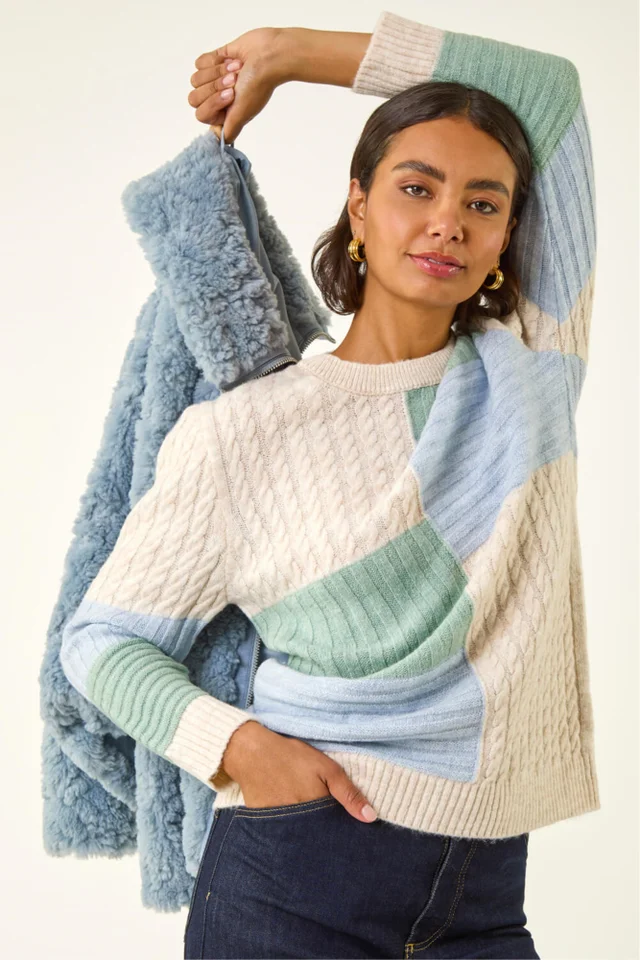 Roman Ivory Colour Block Cable Knit Jumper