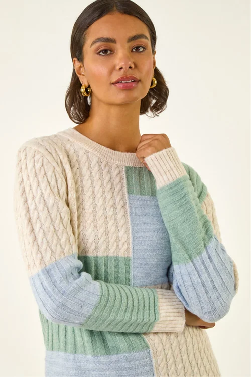 Roman Ivory Colour Block Cable Knit Jumper - Size 12 Image 4