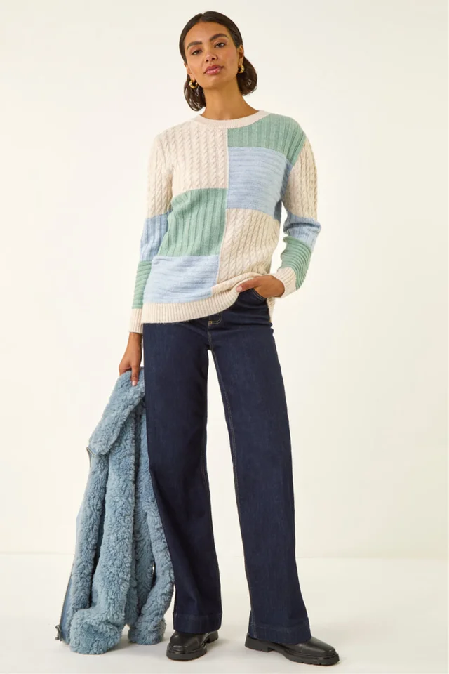 Roman Ivory Colour Block Cable Knit Jumper