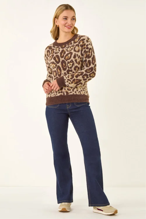 Dusk Chocolate Embellished Animal Print Knit Jumper - Size 12 Image 2