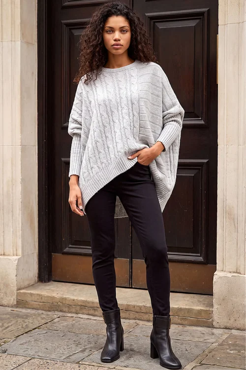 Roman Grey Petite Contrast Cable Knit Jumper - S Image 2