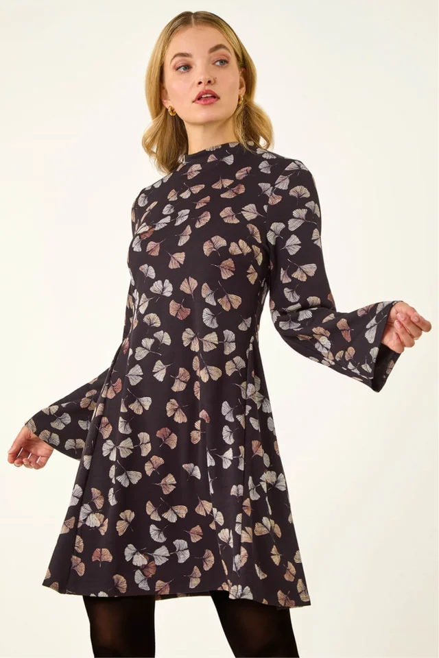 Dusk Black Leaf Godet Hem Dress