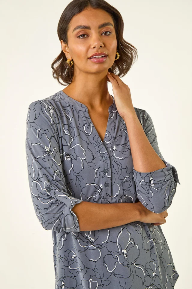 Roman Grey Floral Notch Neck Shirt