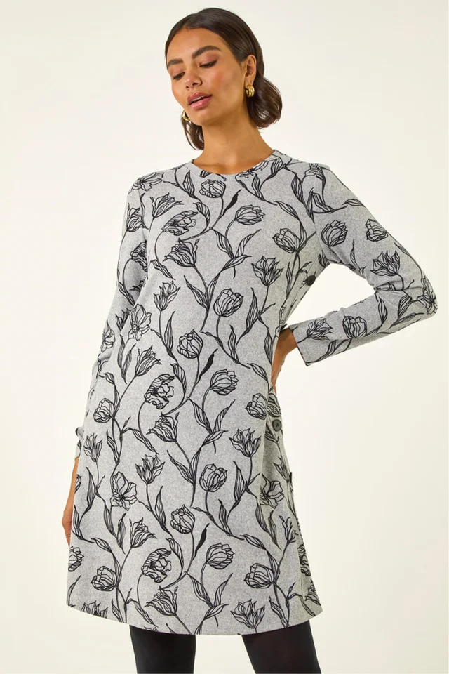 Roman Grey Floral Print Side Button Stretch Dress