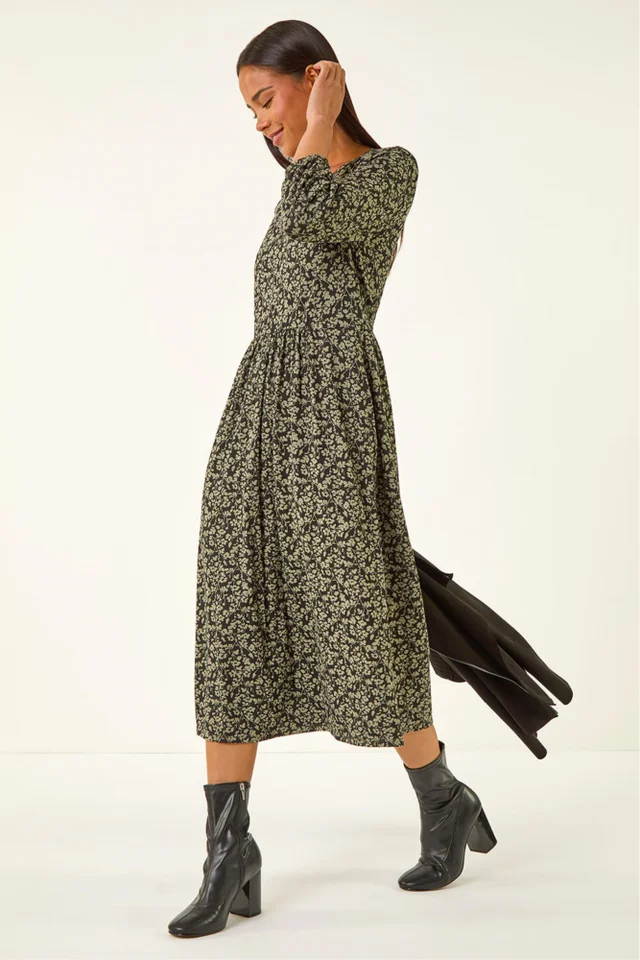 Roman Khaki Petite Floral Midi Dress