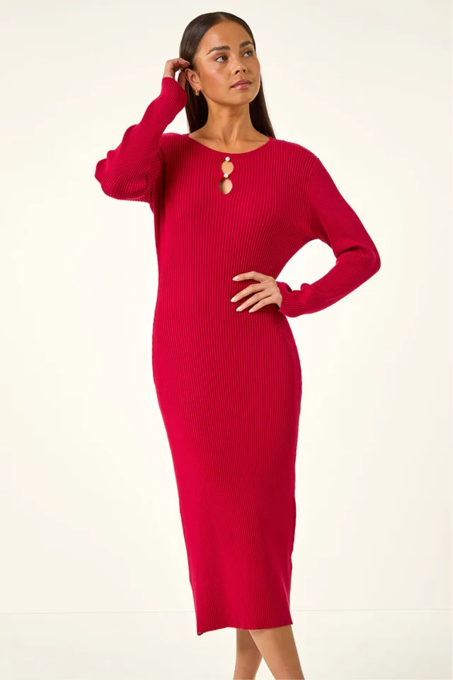 Roman Red Petite Faux Pearl Knitted Midi Dress