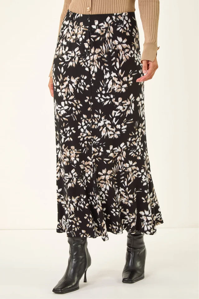 Dusk Black Floral Fluted Midi Skirt