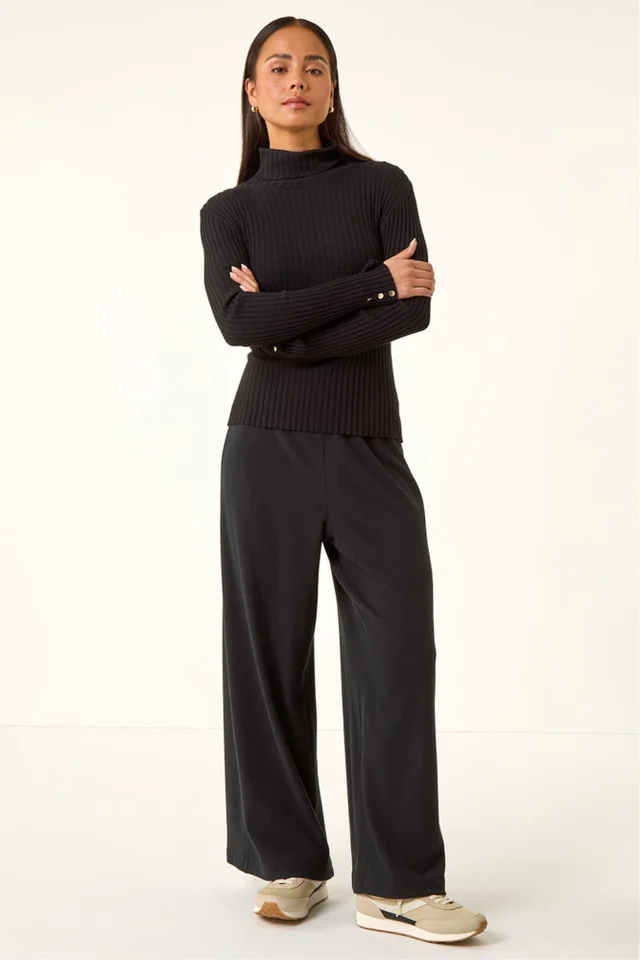 Roman Black Petite Brushed Ribbed Trouser