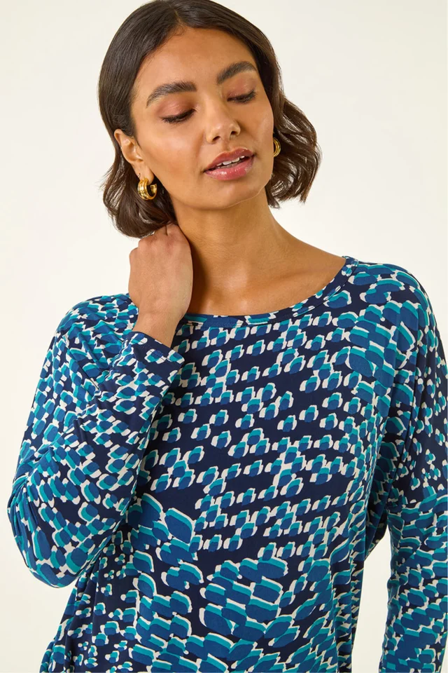 Roman Blue Printed Bubble Hem Top