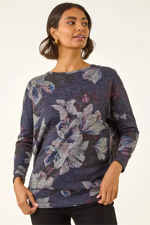 Roman Purple Floral Printed Bubble Hem Top - Size 14 Image 4