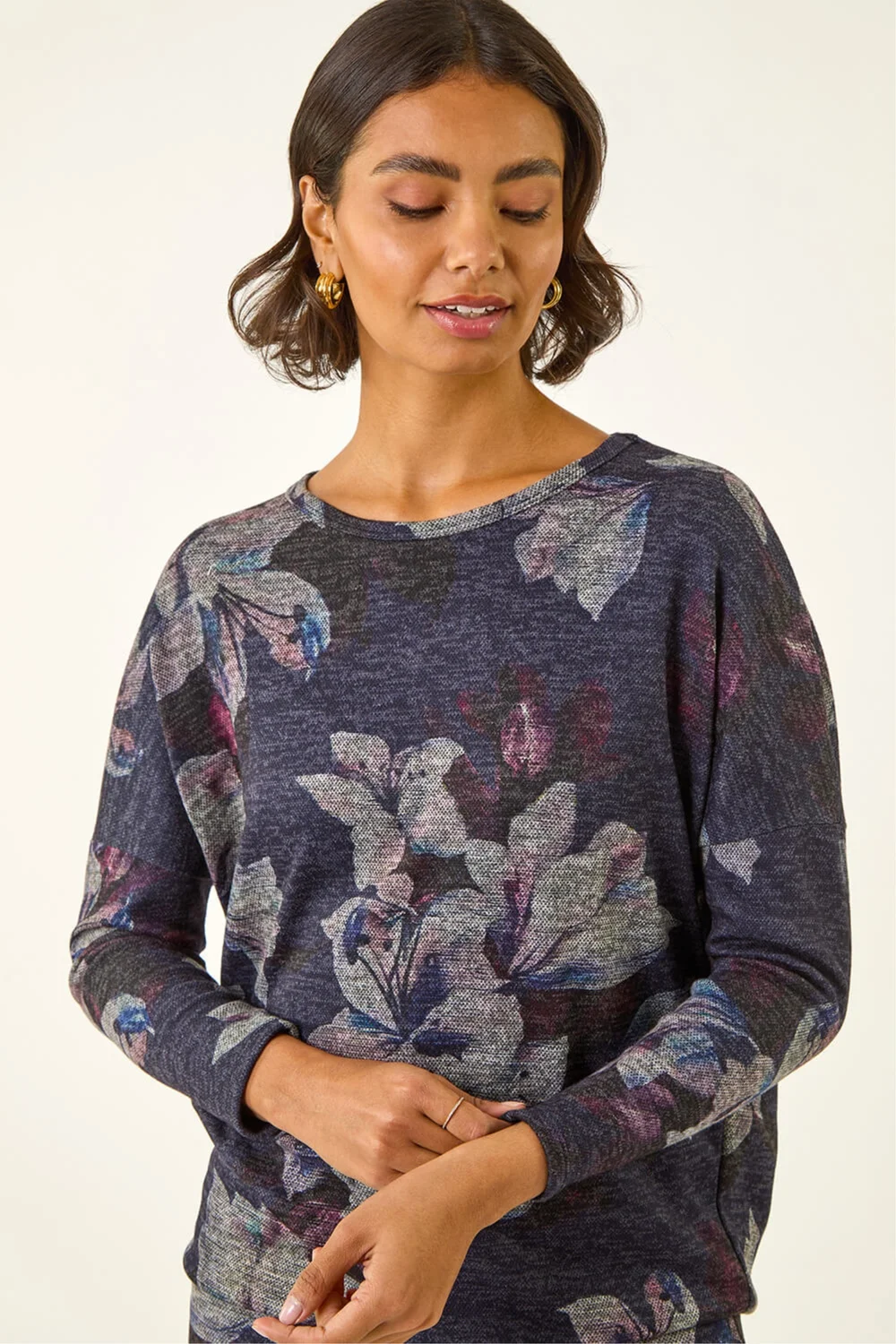 Roman Purple Floral Printed Bubble Hem Top - Size 14 Image 1