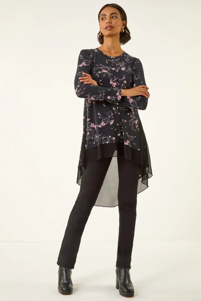 Roman Pink Floral Chiffon Hem Tunic Top