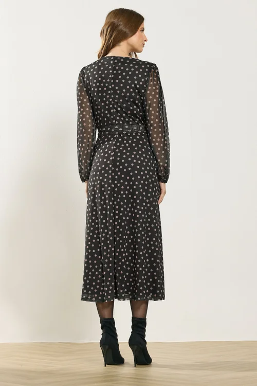M&Co Black Polka Dot Mesh Wrap Dress - Size 10 Image 3