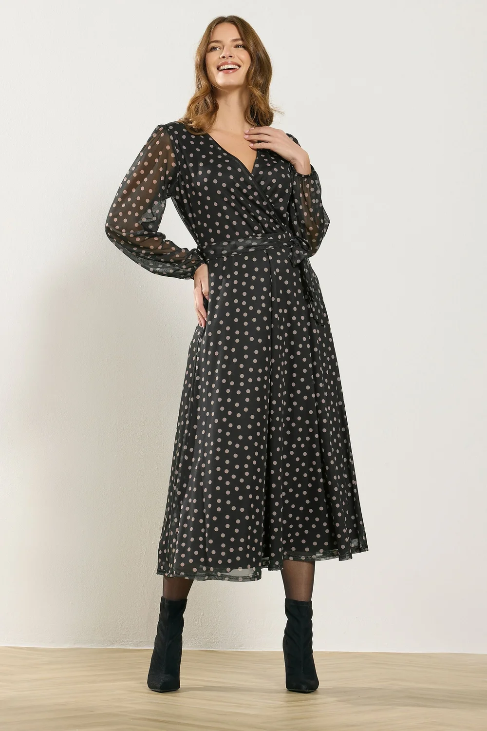 M&Co Black Polka Dot Mesh Wrap Dress - Size 10 Image 1