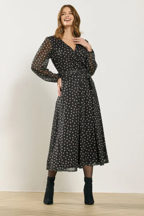 M&Co Black Polka Dot Mesh Wrap Dress - Size 10 Image 1