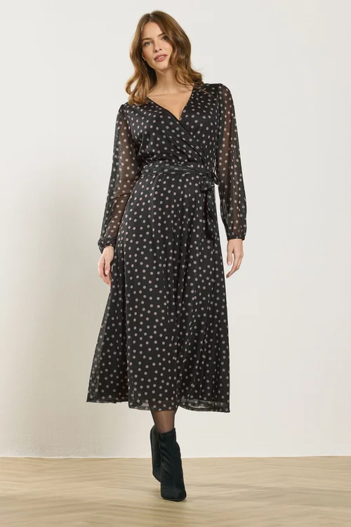M&Co Black Polka Dot Mesh Wrap Dress - Size 10 Image 2