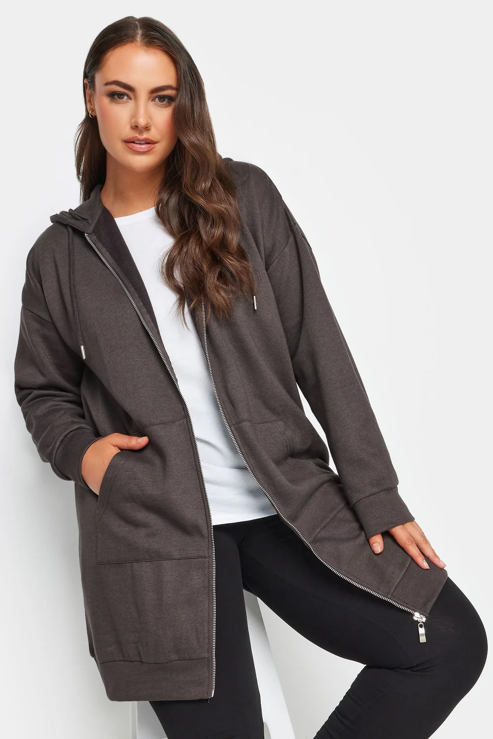 Yours Curve Charcoal Grey Longline Zip Hoodie - Size 16 Image 1