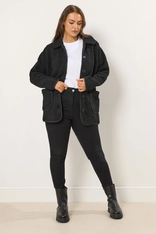 Yours Curve Black Button Teddy Fleece Jacket - 20 Image 3
