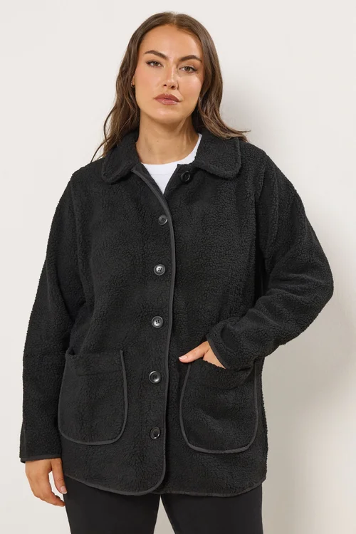 Yours Curve Black Button Teddy Fleece Jacket - 20 Image 1