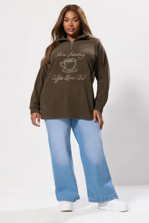 Yours Curve Chocolate Brown 'Coffee Lover Club' Quarter Zip Fleece - 16 Image 3