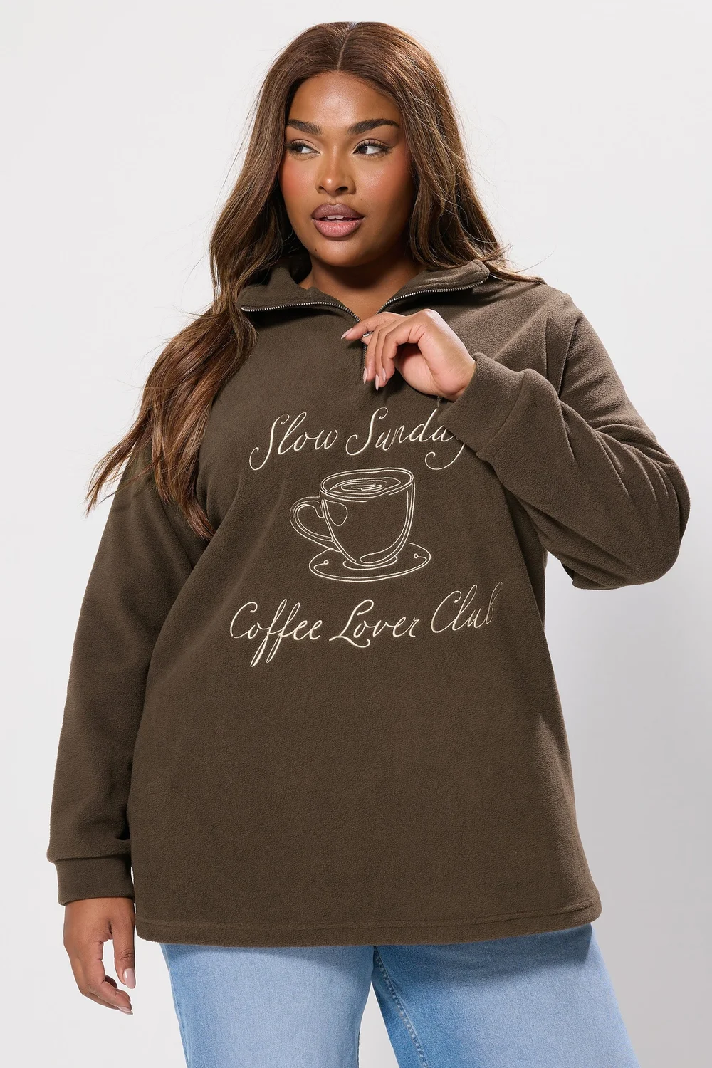 Yours Curve Chocolate Brown 'Coffee Lover Club' Quarter Zip Fleece - 16 Image 2