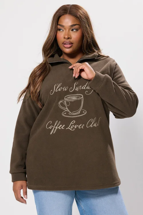 Yours Curve Chocolate Brown 'Coffee Lover Club' Quarter Zip Fleece - 16 Image 2