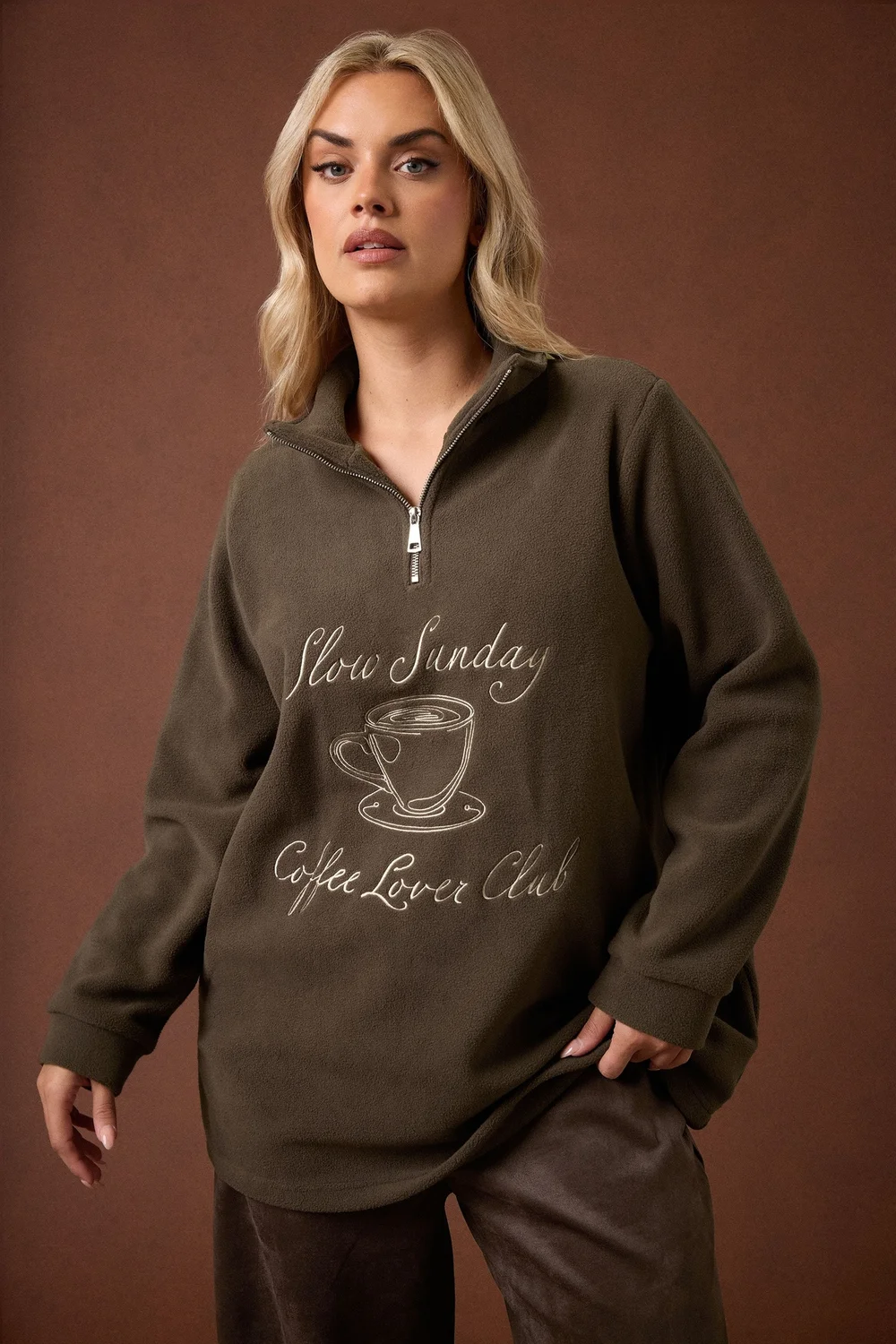 Yours Curve Chocolate Brown 'Coffee Lover Club' Quarter Zip Fleece - 16 Image 1