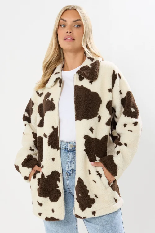 Yours Curve Natural Brown Cow Print Teddy Borg Jacket - 30-32 Image 2