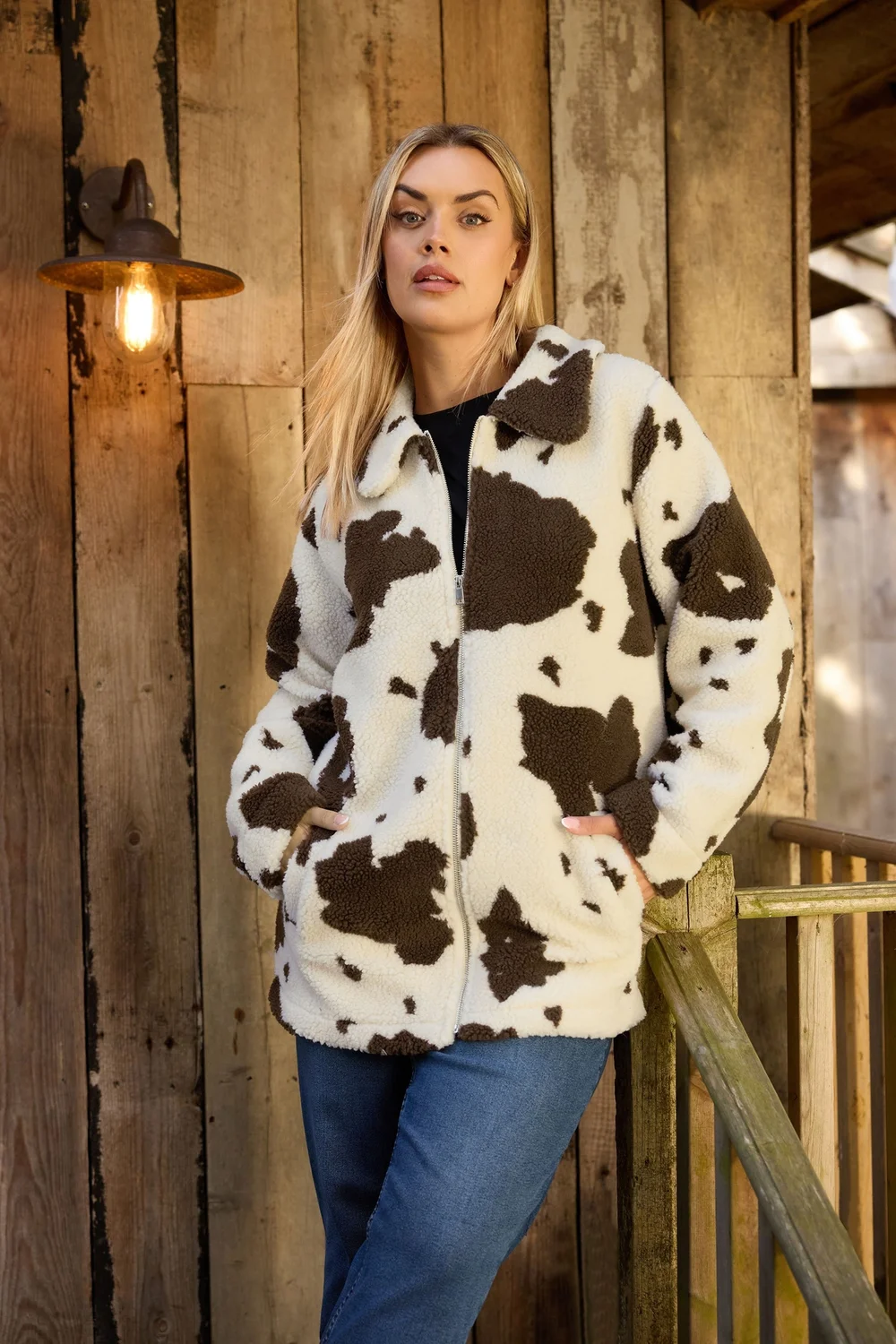 Yours Curve Natural Brown Cow Print Teddy Borg Jacket - 30-32 Image 1